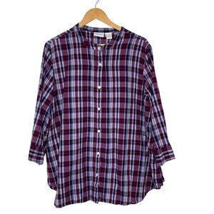 The Vermont Country Store Size 1X Purple Plaid 3/4 Roll Tab Sleeve Blouse Top